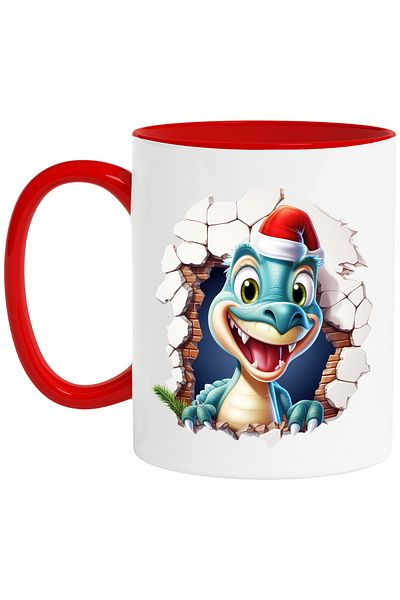 StoryGift Romania Mug with a dinosaur wearing a Christmas hat | happy | sticking its head out through a feather, With