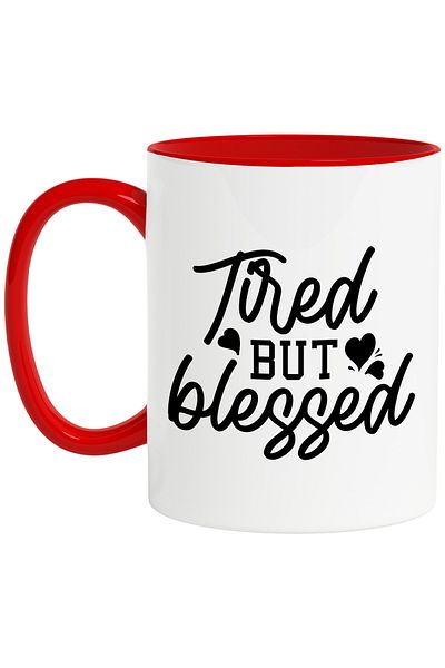StoryGift Romania Mug with hearts and the message "Tired, but blessed" - tired, but blessed c, Cu