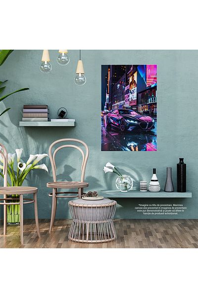 StoryGift Romania Tablou Canvas: Bmw De Lux Luminat De Marile Ecrane Din Centrul Orașului - Furia Mașinii Putern