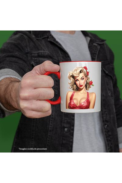 StoryGift Romania Mug with a beautiful, blonde woman, roses in her hair, illustration, retro style, ve, With