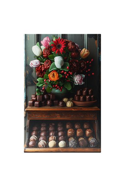 StoryGift Romania Canvas Painting Sweets Buffet Chocolates with Different Flavors Placed Next to a Vase of Flowers