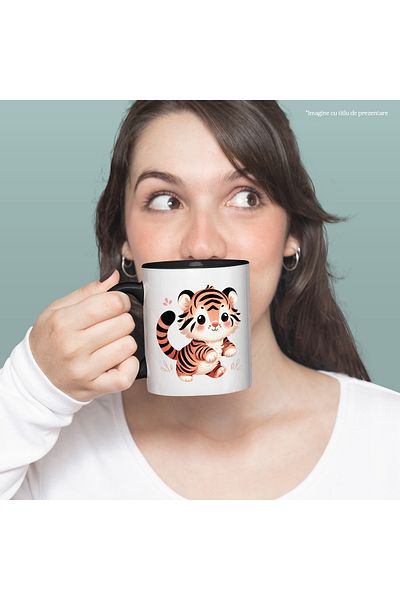 StoryGift Romania Mug with a playful tiger, illustration, red in the cheeks, for children, small with Mane, With,STG