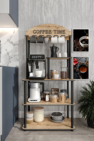 messer Dekoratif Kahve Köşesi Coffee Time 38 Cmx69 Cm Çok Amaçlı Raf Safir Meşe Tüm Kahve Makineleri
