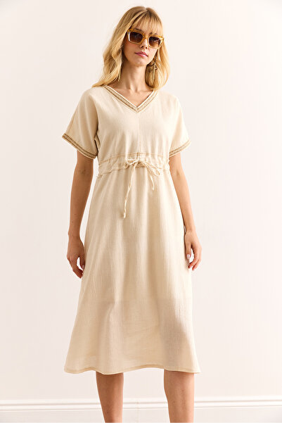 Olalook Women's Ecru Waist Lace up Lined Guipure Detailed Midi Linen Dress Elb-19002419