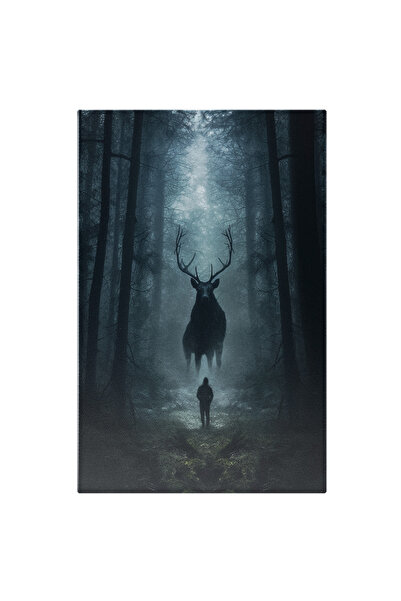 StoryGift Romania Tablou Canvas: Cerb Urias In Fata Unui Om - Padure Salbaticie Creatura Pictura Digitala