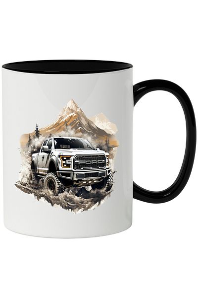 StoryGift Romania Mug With Ford F-150, Mountain, Forest, Fir Trees, Offroad, Multicolor 330 ml, Ceramic c, With