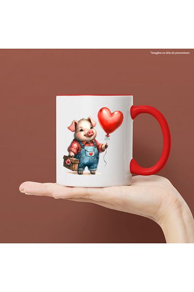 StoryGift Romania Mug with a pig, illustration, heart-shaped balloon, flower, gift with Handle, With, STG