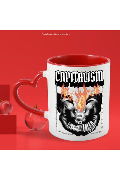 StoryGift Romania Mug Hand Holding Banknotes in Flames Capitalism, 330ml, Ceramic with Heart Handle, With,STG
