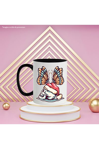StoryGift Romania Mug With Butterflies, Skull, Christmas Hat, Winter, Multicolor 330 ml, Ceramic with Handles, With ,STG