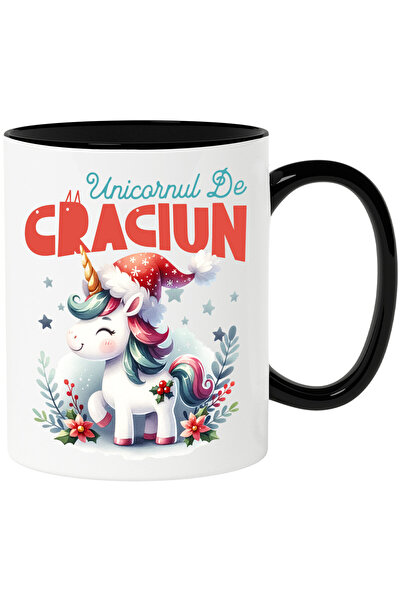 StoryGift Romania Cana Cu Unicorn Vesel Roz Cu Caciula De Mos Craciun Text Unicornul De Craciun, C, Cu ,stg
