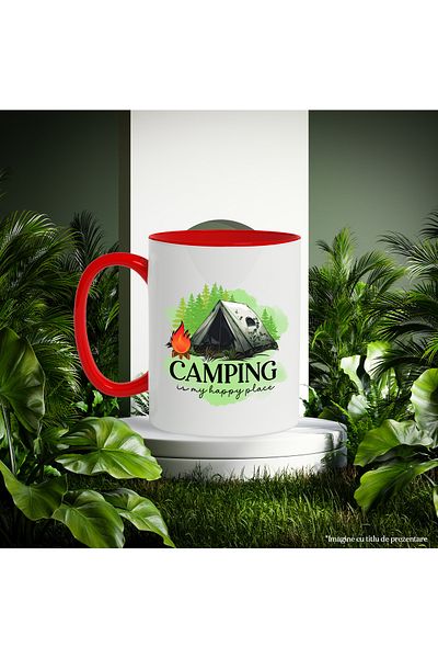 StoryGift Romania Mug with the message "Camping is my happy place", travel, illustration, nature, camp, With
