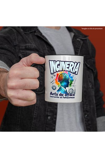 StoryGift Romania Cana Silueta Barbat Cu Casca Protectie Text Ingineria, 330ml, Ceramica Cu Maner , Cu ,stg