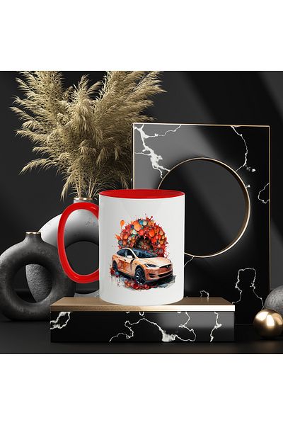 StoryGift Romania Car Mug, Tesla, Abstract Illustration, Wheels, Multicolor 330 ml, Ceramic c, With, STG