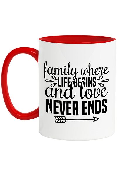 StoryGift Romania Mug with a message that says that life begins in the family and love never ends, With