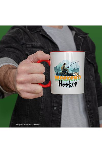 StoryGift Romania Mug with a fisherman with the message "Weekend hooker", fishing rod, fish, mountains, lake, illustrious, With ,STG.