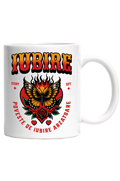 StoryGift Romania Cana Cu Fluture Colorat In Flacari Floare Rosie Text Iubire...