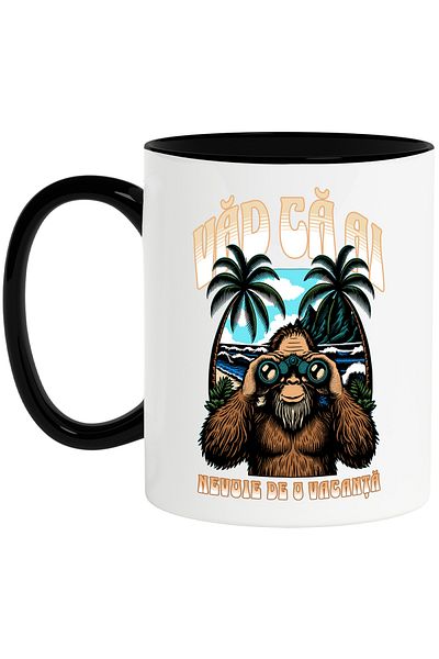 StoryGift Romania Gorilla Mug with Binoculars I See You Need a Vacation, 330ml, Ceramic with Black Handle, With