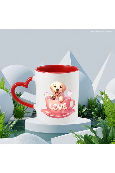 StoryGift Romania Mug with a Golden Retriever puppy | illustration | sitting in a cup with the message "L, Cu,STG"