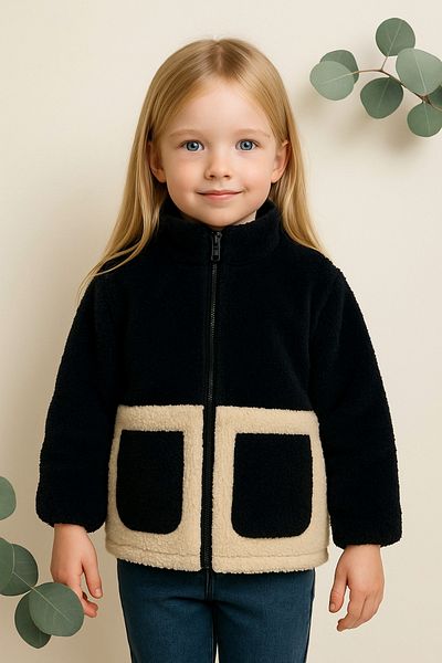 Firststops Girl's Plush Black Ecru Pocket Zippered Welsoft Winter Coat