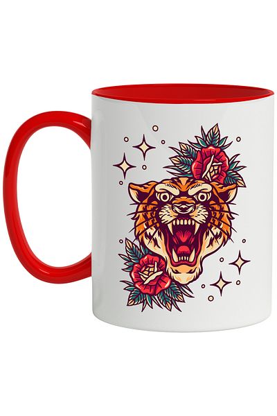 StoryGift Romania Mug With Tiger Head, Roses, Leaves, Stars, Polka Dots, Multicolor 330 ml, Wax, With