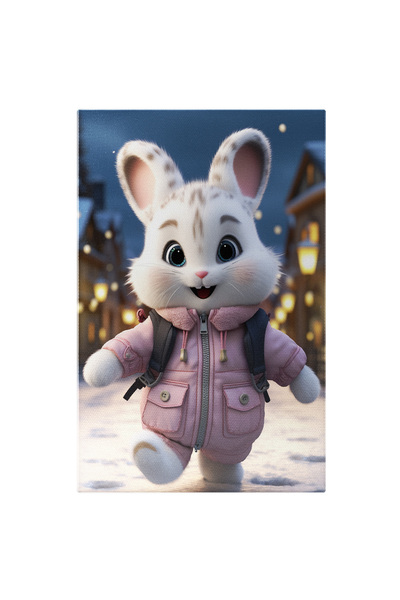 StoryGift Romania Tablou Canvas: Zapada Bucuria Iepure Mic Cu Pete Maro Si Nasul Mic Imbracat Cu Geaca Si Ghiozd