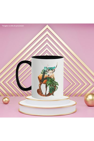 StoryGift Romania Mug With Number, 5, Deer, Plants, Leaves, Multicolor 330 ml, Ceramic with Black Handle, With ,STG