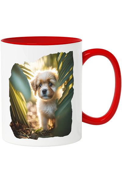StoryGift Romania Mug With A Small Dog, Coming From The Leaves, White With Brown, Adorable, Lovers, With