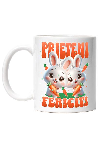 StoryGift Romania Cana Cu Iepuri Albi Cu Morcovi Text Prieteni Fericiti, Animal Blanos Paste, Cera, Cu ,stg