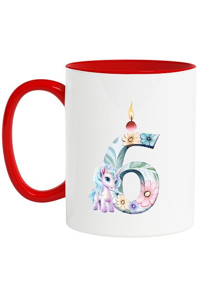 StoryGift Romania Mug with number 6, unicorn, illustration, for children, popcorn, flame, candle, With