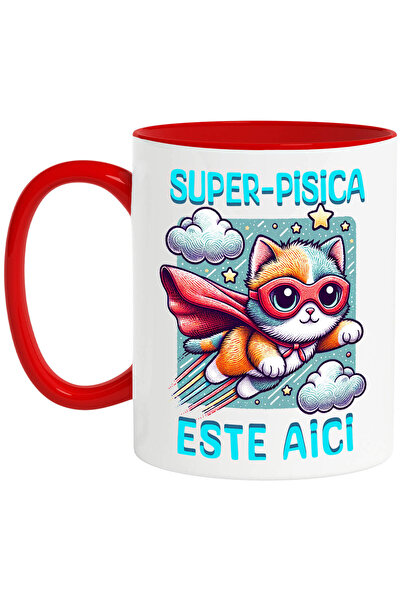 StoryGift Romania Cana Cu Pisica In Aer Cu Pelerina Si Masca De Super-erou, Desene Animate, Text S, Cu ,stg