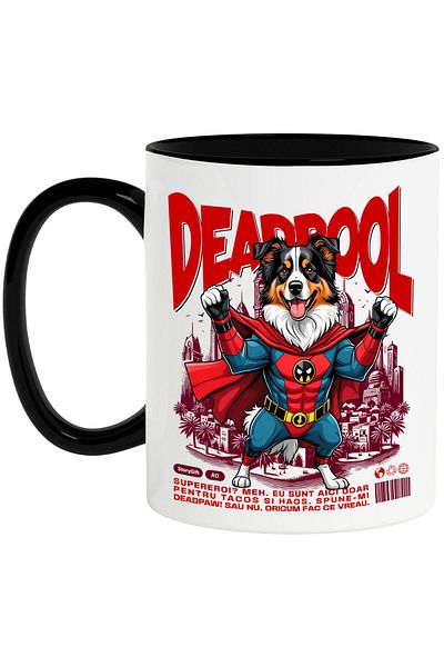 StoryGift Romania Australian Shepherd Dog Mug in Deadpool Costume, With