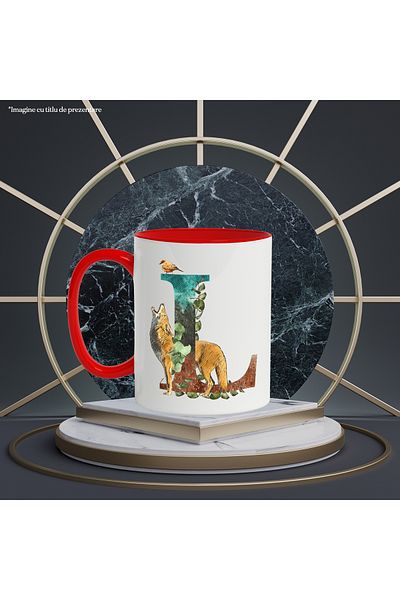 StoryGift Romania Mug With Letter, L, Wolf, Bird, Leaves, Multicolor 330 ml, Ceramic with Red Handle, With ,STG.