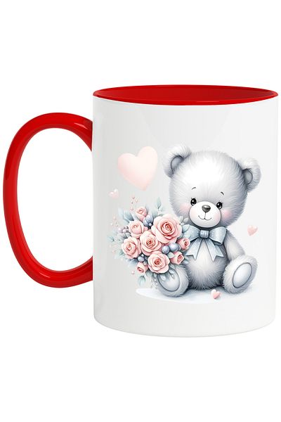 StoryGift Romania Mug with a teddy bear | illustration | gray | bouquet of roses | hearts, With ,STG