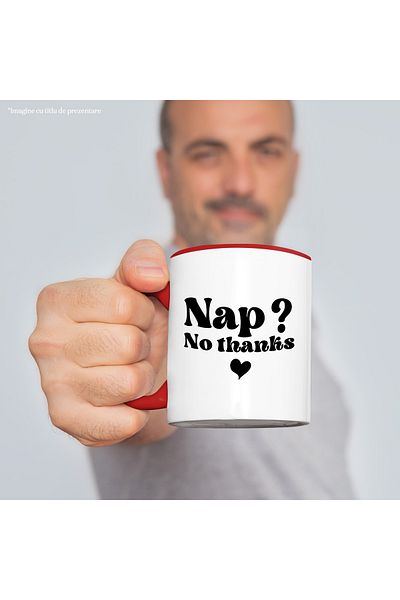 StoryGift Romania Mug with heart and text "Nap? No, thanks" - nap no thanks with Ro, Cu, STG handle