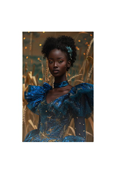 StoryGift Romania Tablou Canvas Printesa Africana In Rochie Albastra Cu Ochii Fardati Galben Si Bijuterie In Par