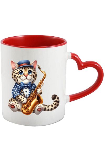 StoryGift Romania Mug with a cheetah cub holding a saxophone | illustration | music | instrument, With