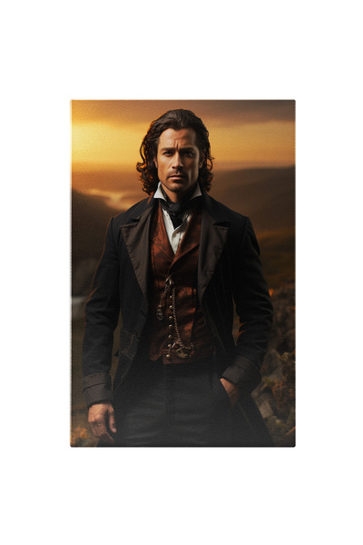 StoryGift Romania Tablou Canvas: Portret Cavaler Baiat Cu Par Lung Brunet Ca Din Basme Apus De Soare Tinuta Inter