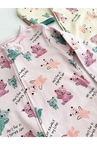 DEFNE LİNA BABY Baby Girl Printed Cotton Cuffed 3-Piece Jumpsuit Set Colorful Patterned 9-12-18 Months Baby Outfit