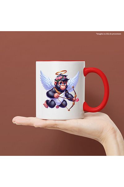 StoryGift Romania Mug with a Cupid chimpanzee, illustration, archery, wings, falling in love, V, With