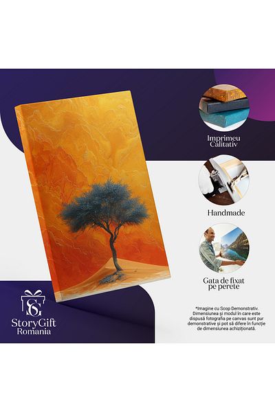 StoryGift Romania Tablou Canvas: Copac Singuratic Printre Dune De Nisi-fundal Portocaliu Aprins Ce Imită Un Apus