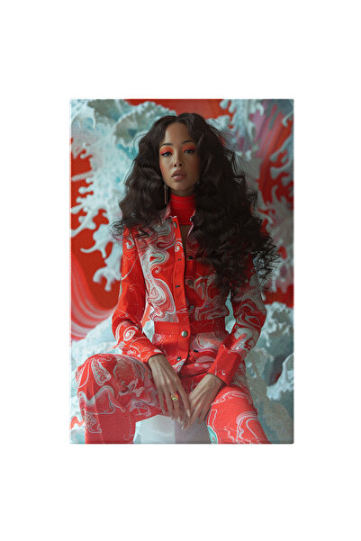 StoryGift Romania Tablou Canvas: Femeie Mulatra In Costum Rosu Cu Model Alb Cu Parul Lung Si Buze Mari Pictura D