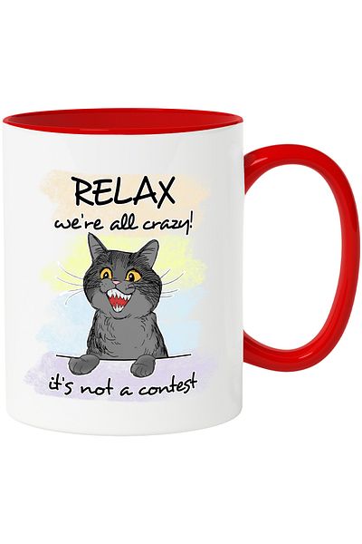 StoryGift Romania Black cat mug with the message "Relax, we're all crazy! It's not a contest", c, Cu