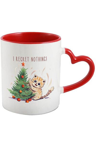StoryGift Romania Mug with a kitten destroying the Christmas tree with the message "I regret nothing", Cra, Cu, STG