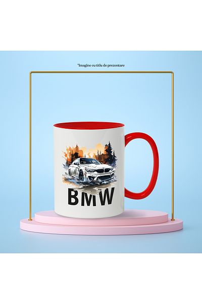 StoryGift Romania Mug With Car, Forest, BMW, Fir Trees, Water, Sunset, Fire, Multicolor 330 ml, Ceramic, With, STG