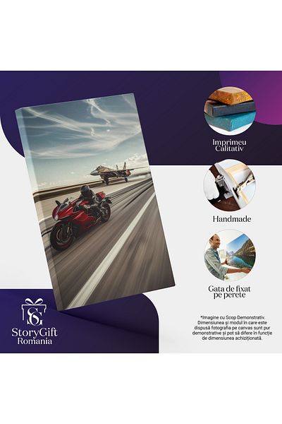 StoryGift Romania Tablou Canvas Barbat Motociclist In Negru Pe Motocicleta Rosie Cu Viteza Pe O Pista De Avioane