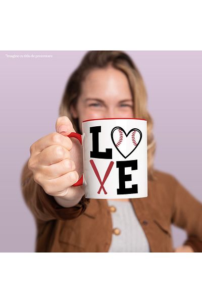 StoryGift Romania Mug with heart and 2 baseball bats with the text "Love" with Red Handle, With Red Handle, STG