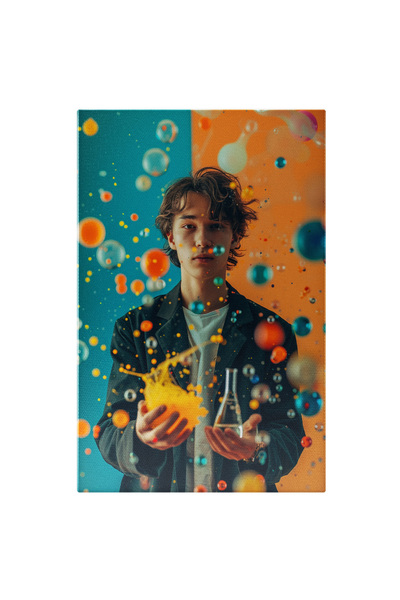 StoryGift Romania Tablou Canvas: Un Baiat Cu O Explozie De Bule Colorate Si Eprubeta - Experiment Pictura Digital
