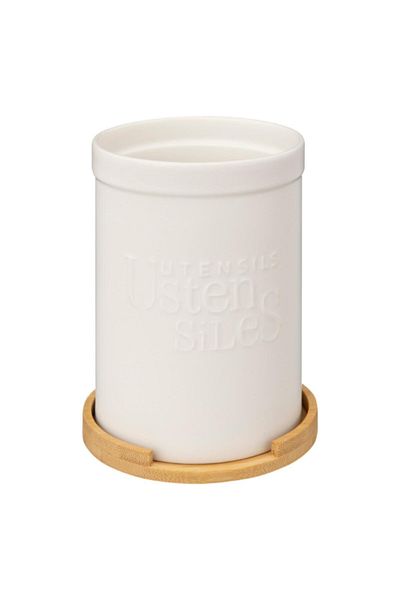 Five Simply Smart Naturéo Ceramic Utensil Pot with Bamboo Spoon Rest 18 x 13 x 13 cm