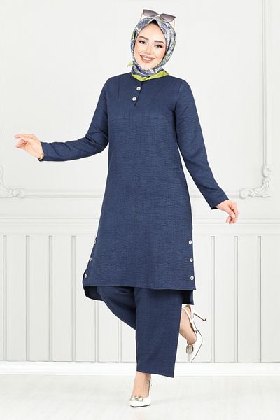 ModaMerve Half Button Linen Suit 018Mr1077-M Navy