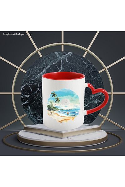 StoryGift Romania Mug with a beach, illustration, water, sea, vacation, holiday, summer, palm trees, people, With ,STG